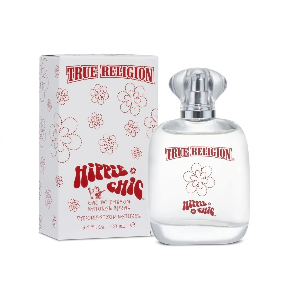 True Religion Hippie Chic Eau de Parfum 100 ml bottle beside its floral-patterned box