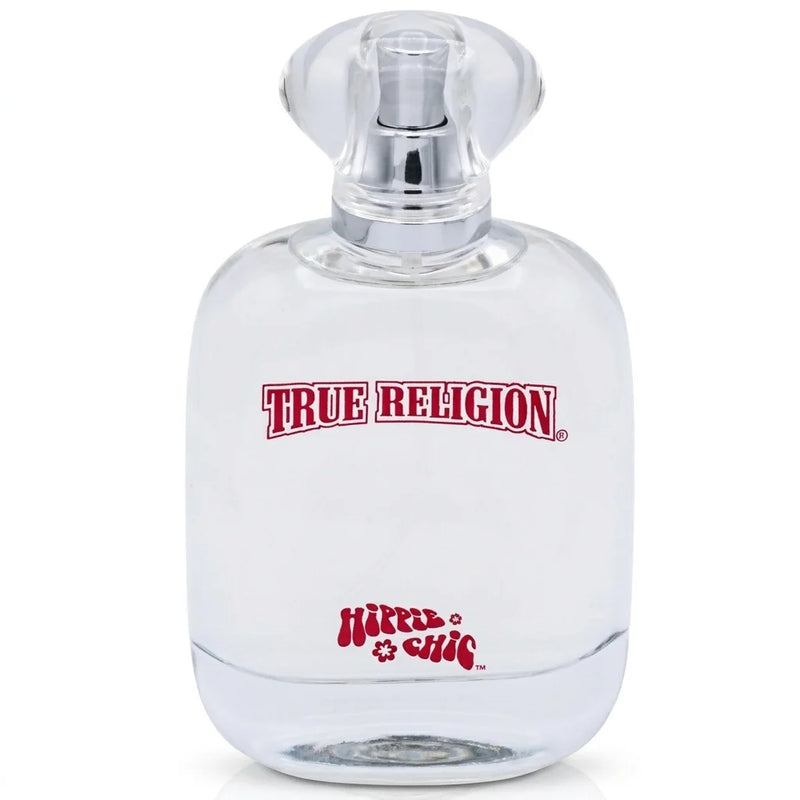 Close-up of the True Religion Hippie Chic perfume bottle with clear cap and red lettering