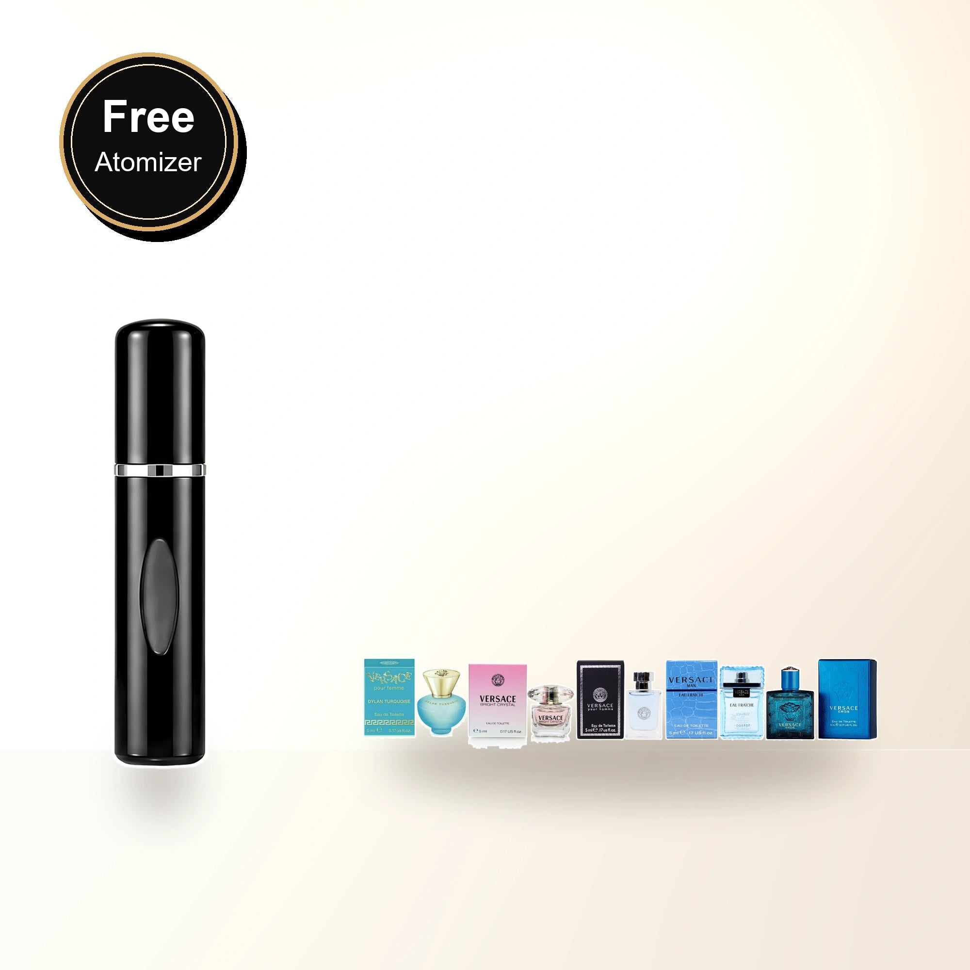 Versace 5 Pcs Mini Set: Eros 0.17 Eau De Toilette Men + Pour Homme 0.17 Eau De Toilette + Eau Fraiche 0.17 Eau De Toilette + Bright Crystal 0.17 Eau De Toilette + Dylan Turquoise 0.17 Eau De Toilette with free atomizer bonus image