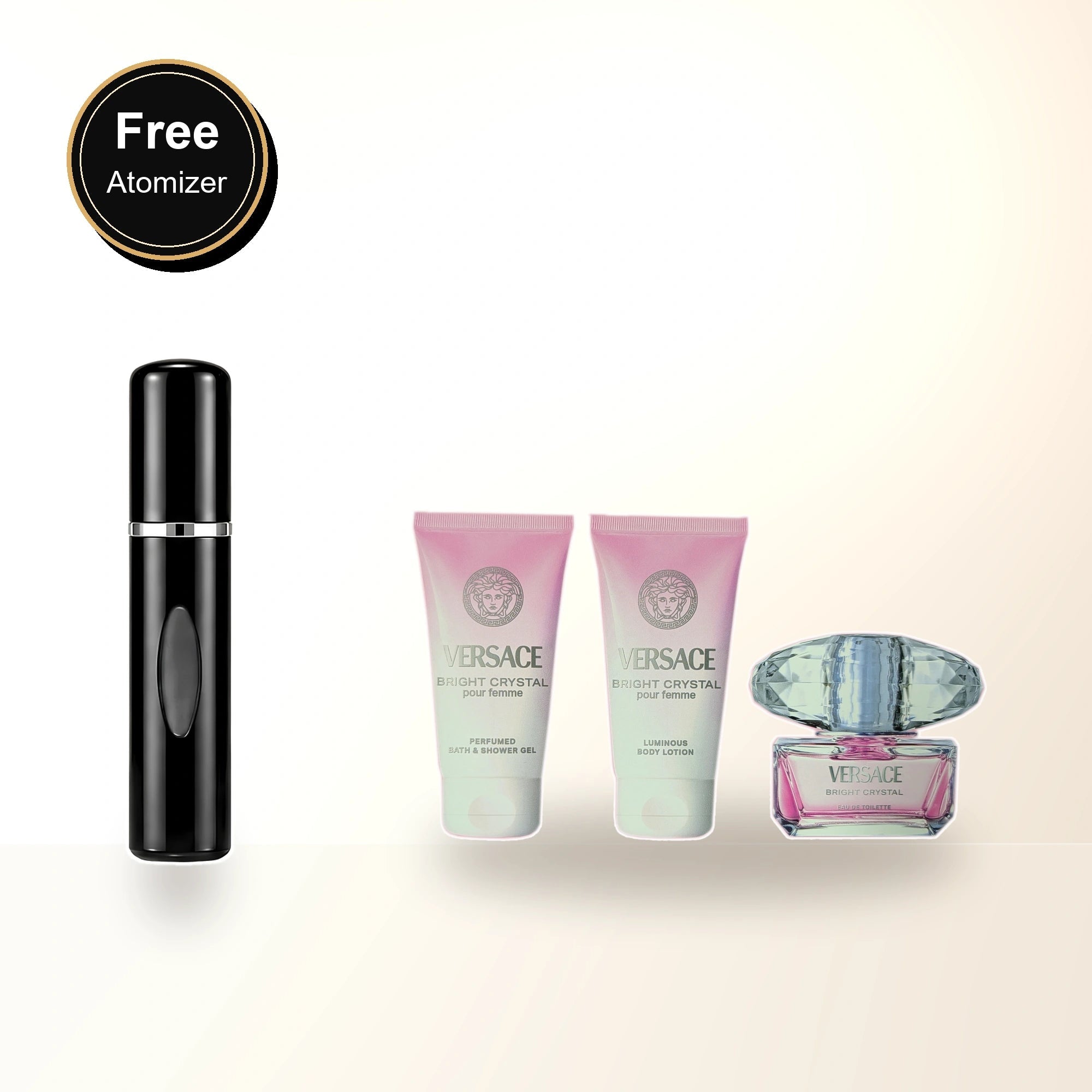 Versace Bright Crystal 3 Pcs Set For Women: 1.7 Eau De Toilette Spray + 1.7 Bath & Shower Gel + 1.7 Body Lotion with free atomizer bonus image