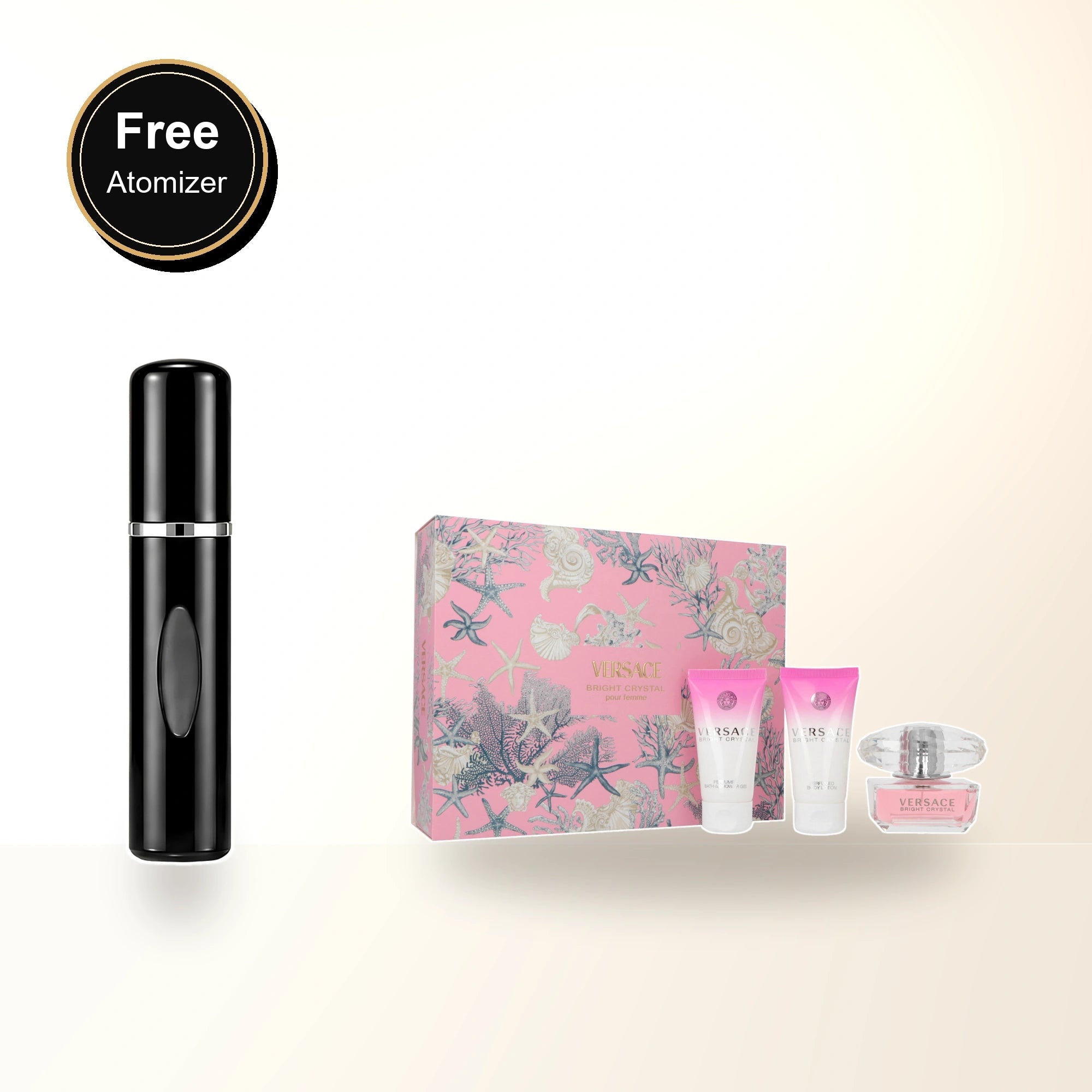 Versace Bright Crystal 3 Pcs Set For Women: 1.7 Eau De Toilette Spray + 1.7 Body Lotion + 1.7 Bath & Shower Gel with free atomizer bonus image