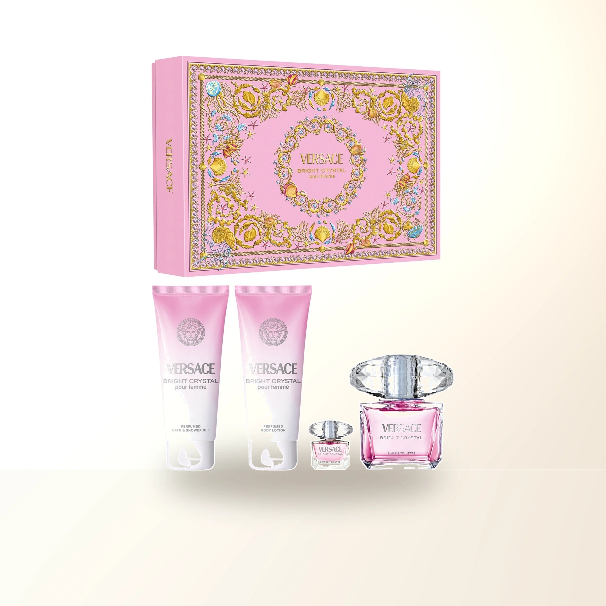 Versace Bright Crystal 4 Pcs Set: 3 Oz Eau De Toilette Spray + 5 Ml Eau De Toilette Mini + 3.4 Body Lotion + 3.4 Bath & Shower Gel main product image