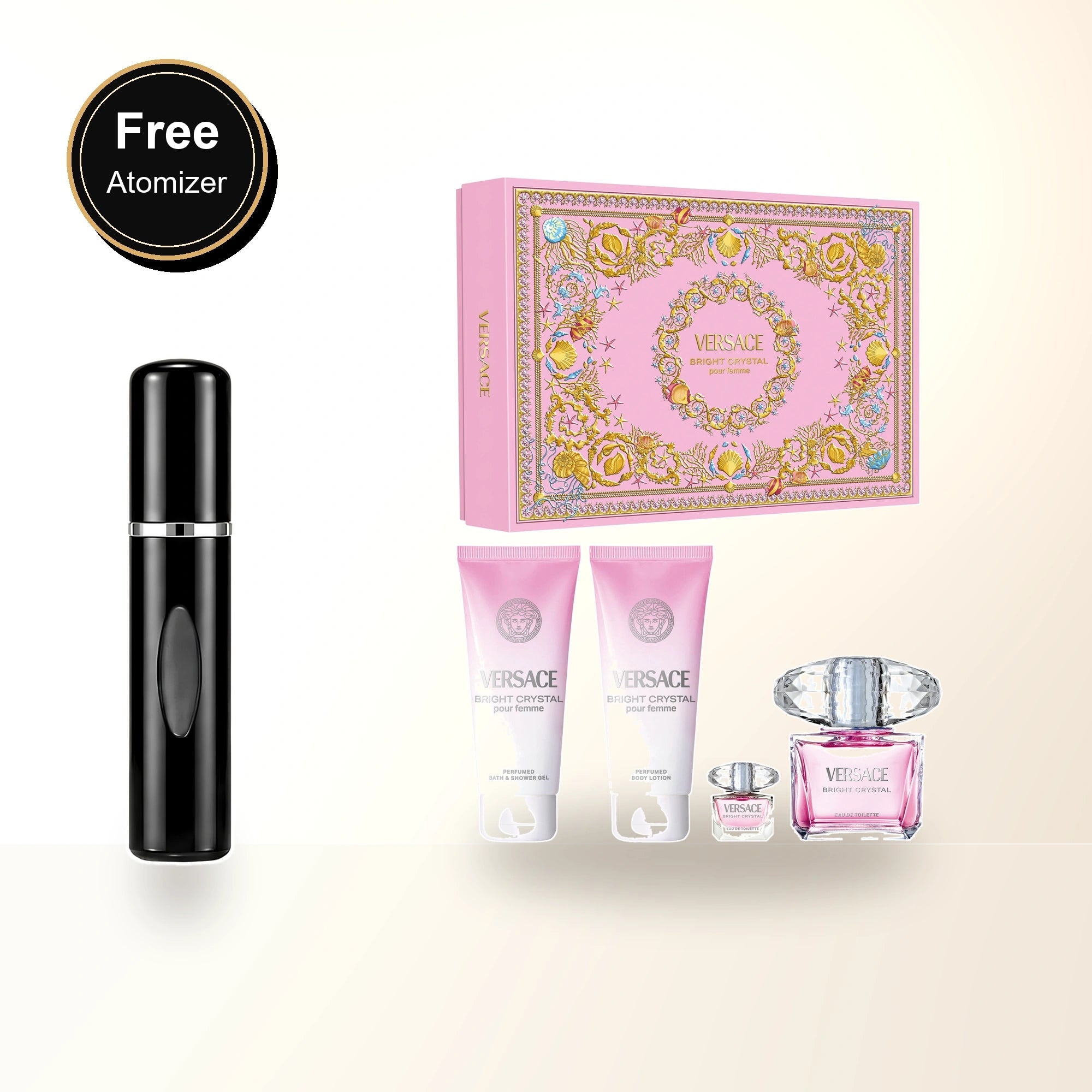 Versace Bright Crystal 4 Pcs Set: 3 Oz Eau De Toilette Spray + 5 Ml Eau De Toilette Mini + 3.4 Body Lotion + 3.4 Bath & Shower Gel with free atomizer bonus image