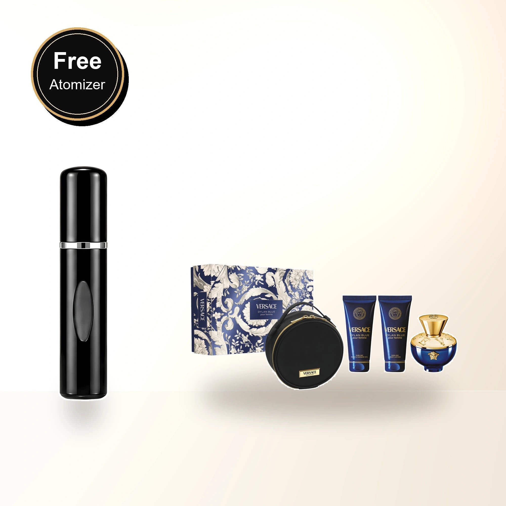Versace Dylan Blue 4 Pcs Set For Women: 3.4 Eau De Parfum Spray + 3.4 Body Lotion + 3.4 Bath & Shower Gel + Make Up Case with free atomizer bonus image