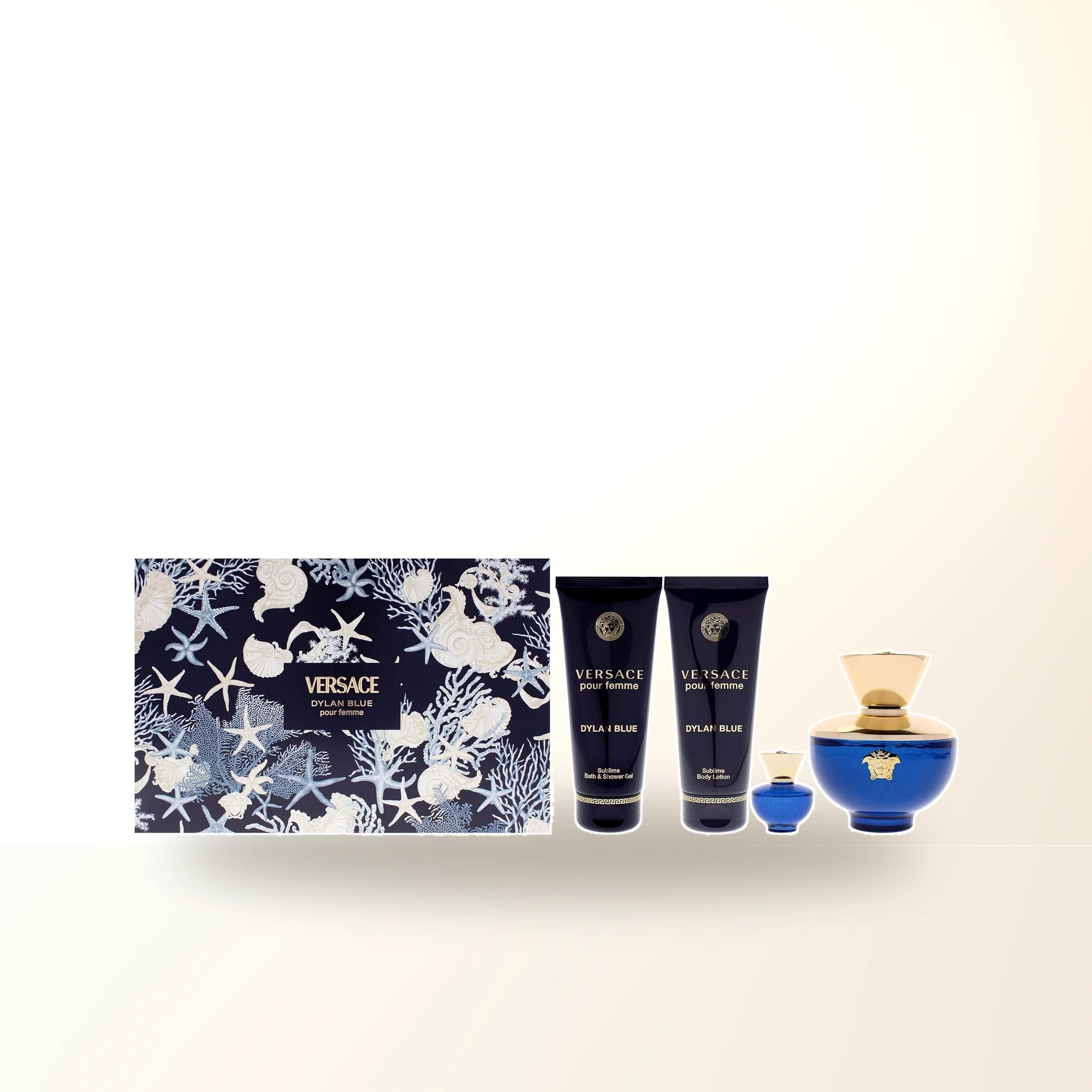 Versace Dylan Blue 4 Pcs Set For Women: 3.4 Eau De Parfum Spray + 5 Ml Eau De Parfum Mini + 3.4 Body Lotion + 3.4 Bath & Shower Gel main product image