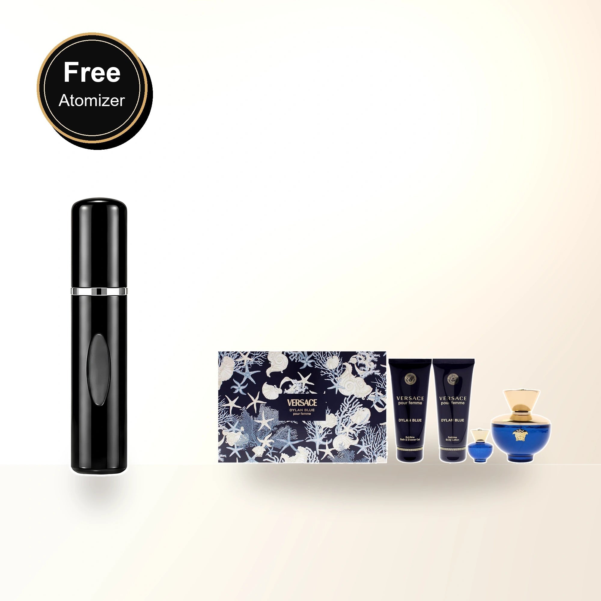 Versace Dylan Blue 4 Pcs Set For Women: 3.4 Eau De Parfum Spray + 5 Ml Eau De Parfum Mini + 3.4 Body Lotion + 3.4 Bath & Shower Gel with free atomizer bonus image