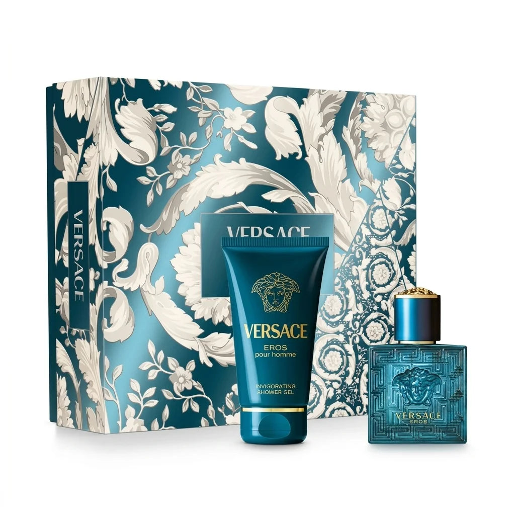 Versace Eros perfume and shower gel displayed with a decorative gift box