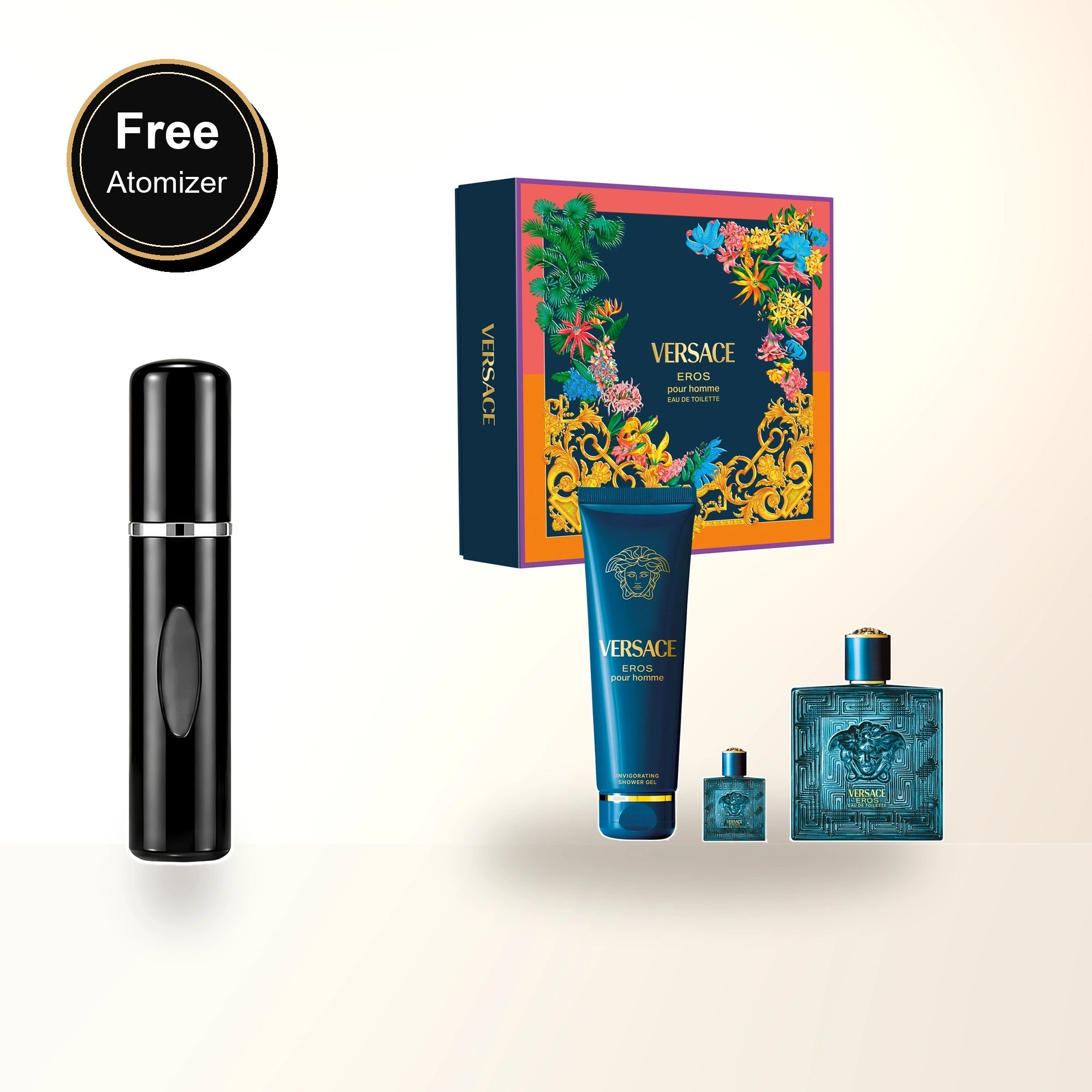 Versace Eros 3 Pcs Set For Men: 3.4 Eau De Toilette Spray + 5 Ml Eau De Toilette Mini + 5 Oz Shower Gel. with free atomizer bonus image