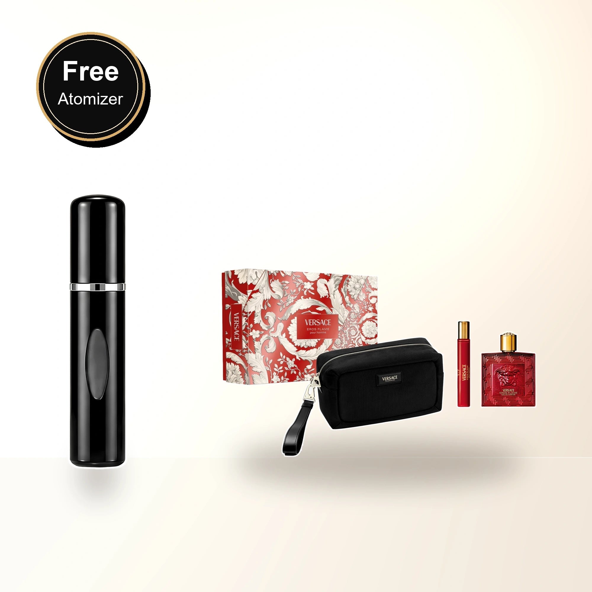 Versace Eros Flame 3 Pcs Set For Men: 3.4 Eau De Parfum Spray + 0.3 Eau De Parfum Spray + Pouch with free atomizer bonus image