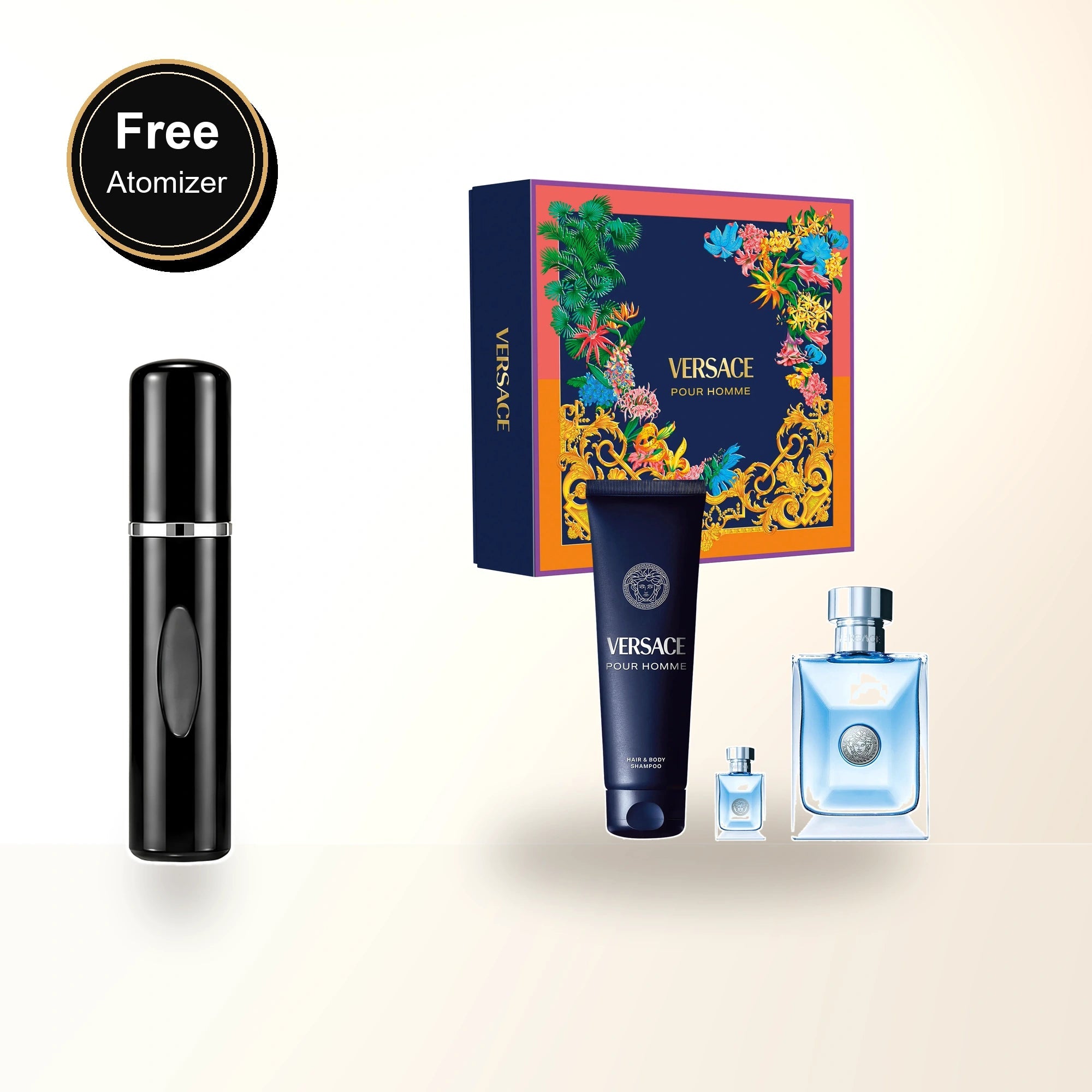 Versace Pour Homme 3 Pcs Set: 3.4 Eau De Toilette Spray + 5 Ml Eau De Toilette Mini + 5 Oz Hair & Body Shampoo with free atomizer bonus image