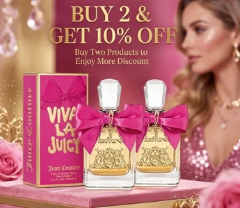 Juicy Couture perfume bottles with a discount offer on a pink background