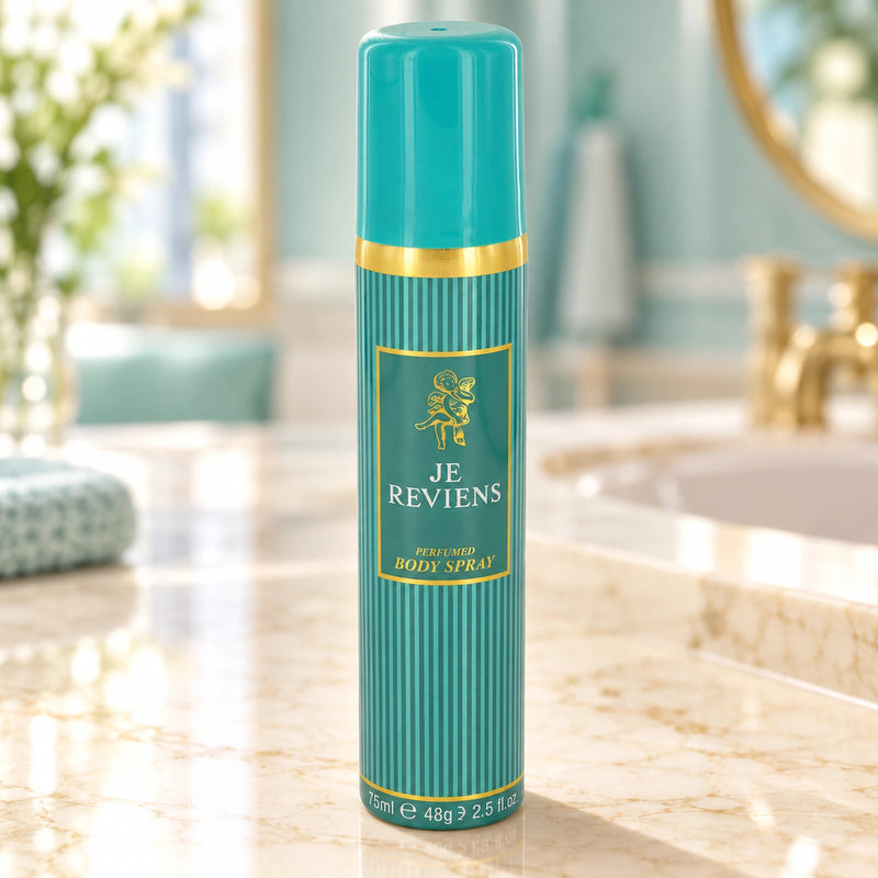 Worth Je Reviens Body Spray 2.5 fl oz (75ml) body spray on a cream vanity