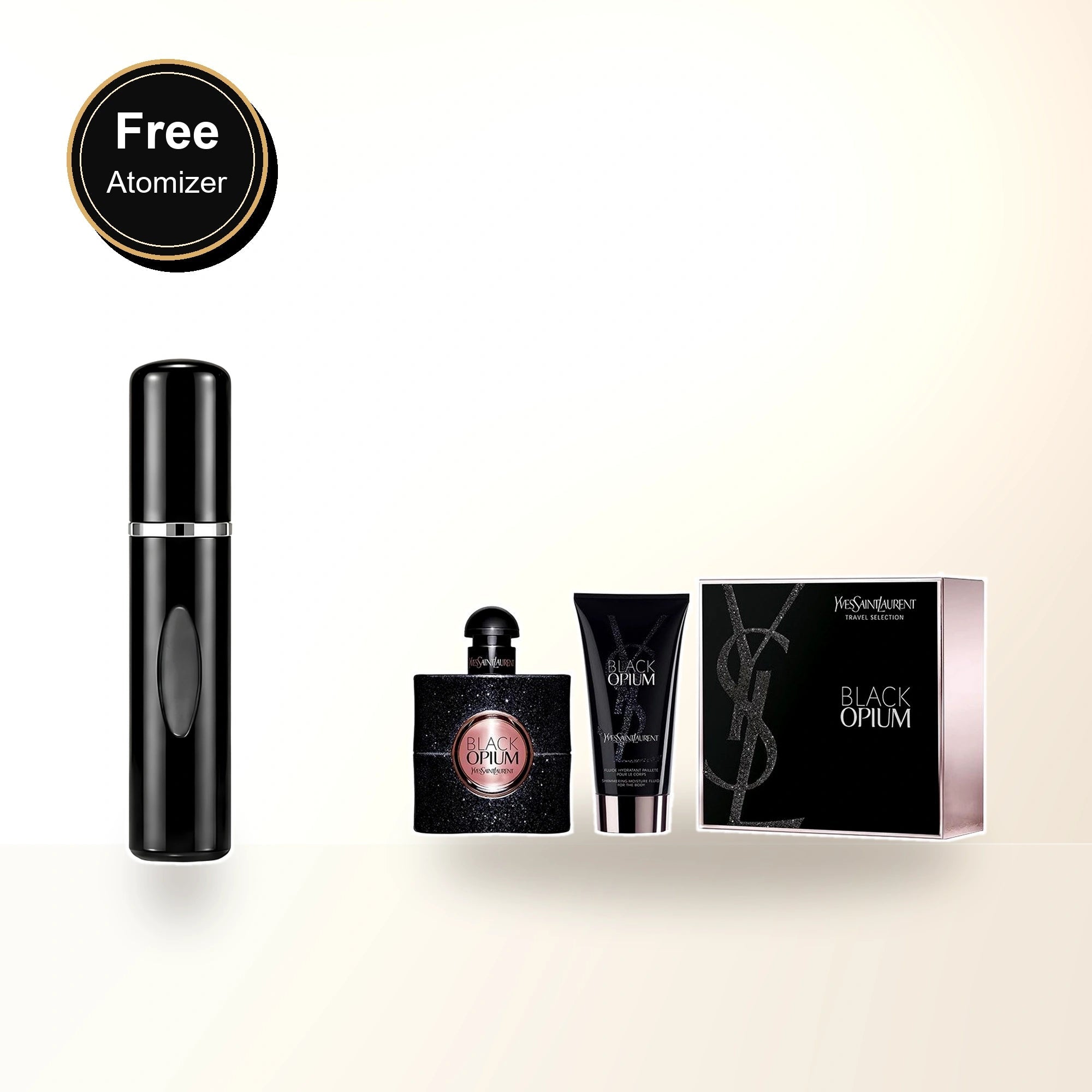 Ysl Black Opium 2 Pcs Set: 1.6 Eau De Parfum Spray + 1.6 Shimmering Body Lotion with free atomizer bonus image