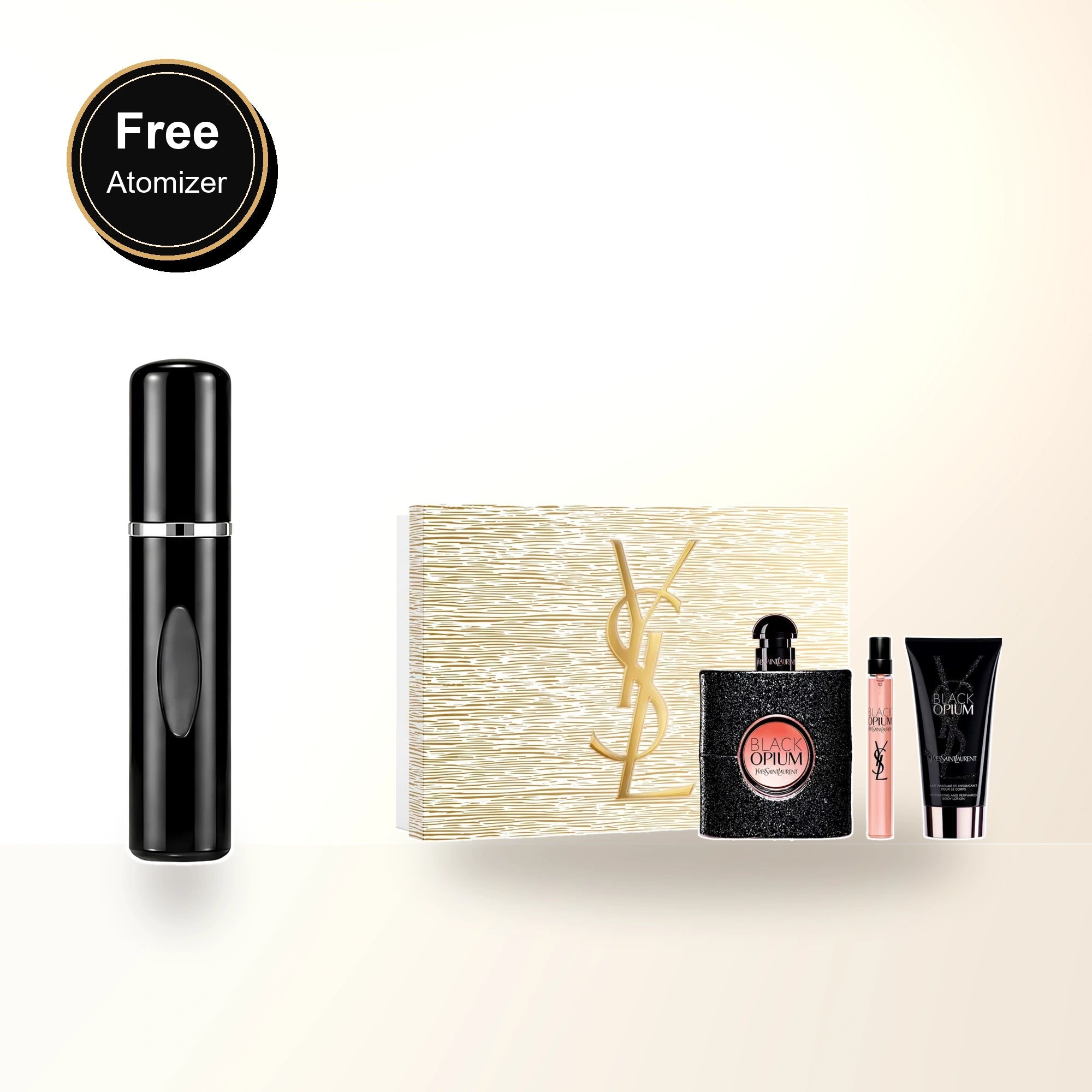 Ysl Black Opium 3 Pcs Set For Women: 3 Oz Eau De Parfum Spray + 0.33 Eau De Parfum Spray + 1.6 Body Lotion. with free atomizer bonus image