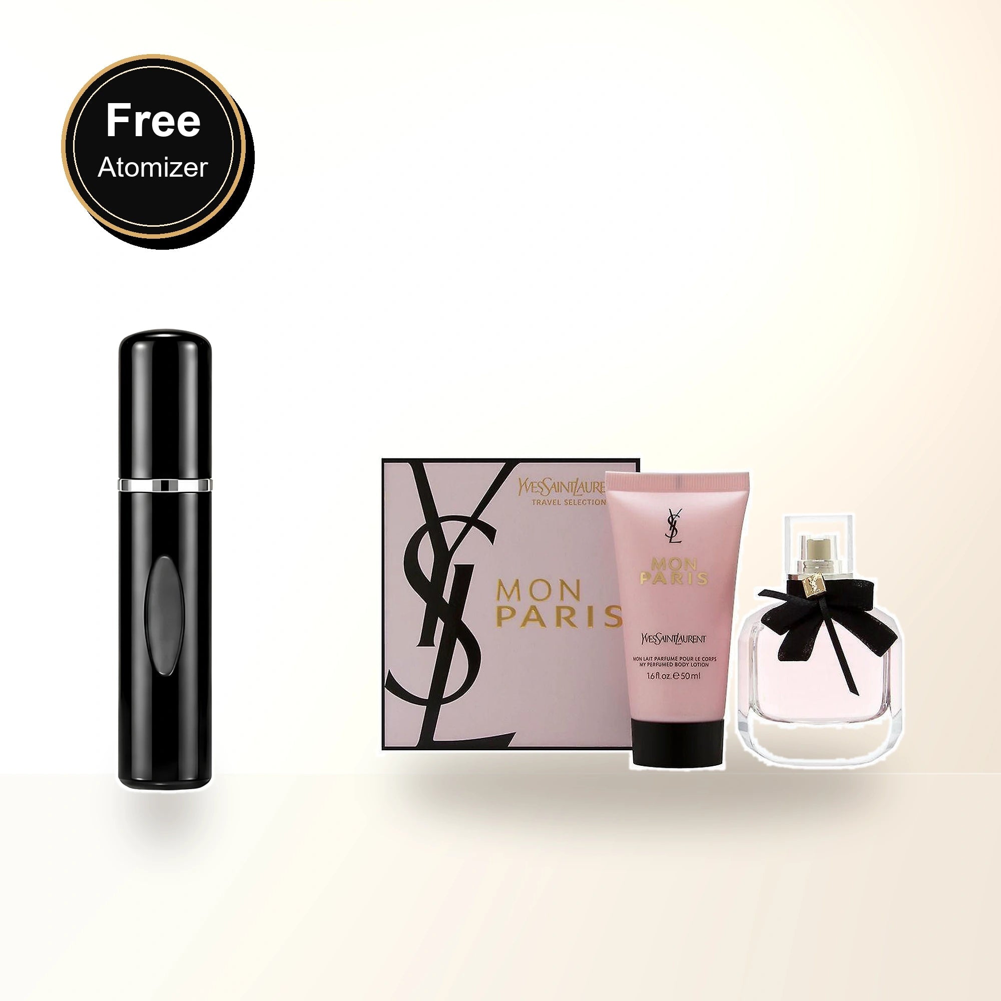 Ysl Mon Paris 2 Pcs Set: 1.6 Eau De Parfum Spray + 1.6 Body Lotion with free atomizer bonus image